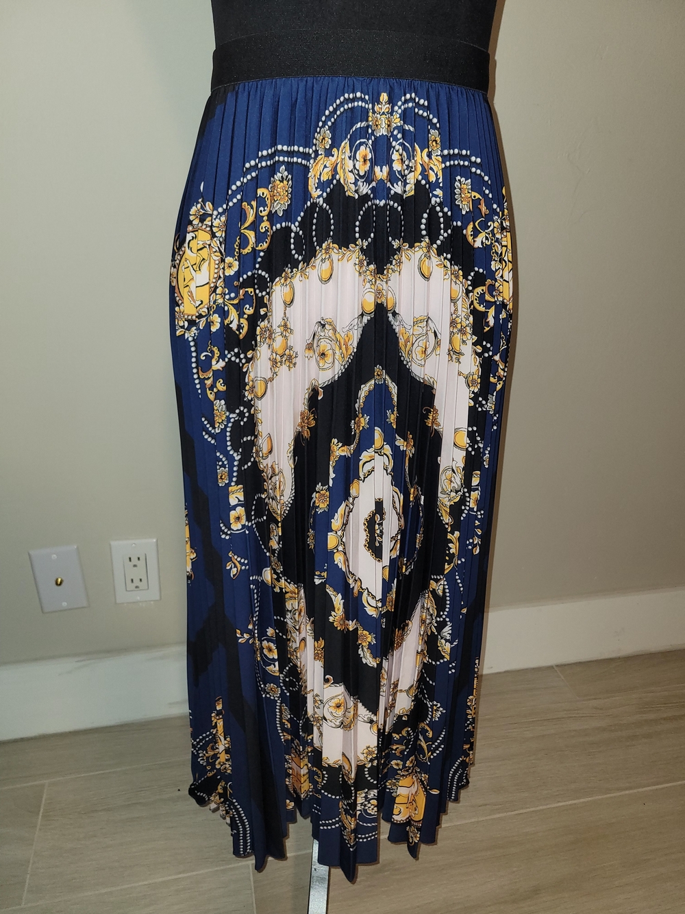 Pleated Navy & Gold Printed Maxi Skirt